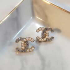 2pc Set 18x14mm Stamped Chanel Buttons Gold tone metal, small white resin... picture