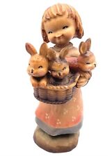 Anri Ferrandiz Wood Carved Figurine Girl Bunnies Basket 6” Numbered 1045/1500 picture