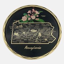 Vintage Pennsylvania Souvenir Metal Tray State Map Flower Mountain Laurel Black picture