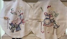 Vintage Cotton Embroidered Salvage Fabric Cooking w/ Kitty Kitten Cat Lot of 2 picture