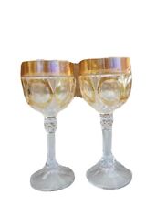 Nachtmann Set Of 2 Tall Amber Crystal Wine Glasses Napoleon Yellow Bands  picture