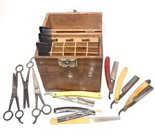 ANTIQUE SALESMAN SAMPLE BARBERS  BOX WITH STRAIGHT RAZORS AND OTHER ACCESSORIES picture