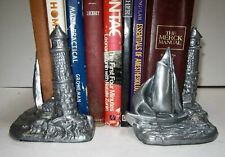Lighthouse + Sailing Ship bookends very unusual polished aluminum metal USA picture