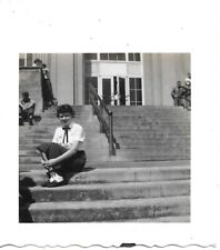 Lady Sitting On Steps Photograph 1950s Vintage Fashion Dress Building 2 3/4 x 3 picture