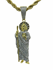 San Judas Medalla con Cadena Oro Chapado Dije Torzal Piedras Blancas NUEVO picture
