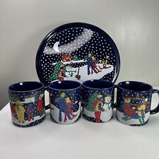 Vtg 1989  Lillian Vernon  Winter Snow day Set of 4 Hot Cocoa Mugs & Cookie Plate picture