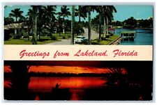 1962 Greetings From Lakeland Florida FL, Palm-lined Sunset Dual View Postcard picture