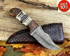 Damascus Steel Knife Custom Stag Antler Handle Full Tang Camping Hunting Knives picture