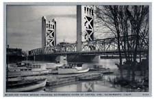 Sacramento CA~Tower Bridge over River @ Capitol Avenue~Boats~1930s Silver Border picture