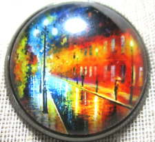 NEW GLASS DOME PIC BUTTON BEAUTIFUL NIGHT IN PARIS - RAINY STREET -- 1 inch picture