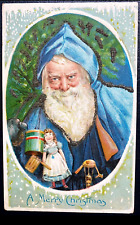 Blue Hood Santa Claus~with Doll~Toys~Antique~ Christmas Postcard~k125 picture