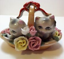 Vtg. unmarked Japan hand painted Kittens in a flower basket ceramic pottery picture