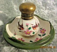 Antique Oriental Hand Painted Ink Well W/Brass Lid picture