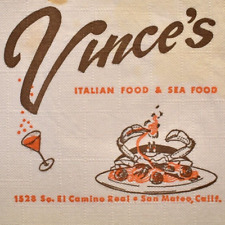 Vintage 1980s Vince's Seafood Italian Restaurant Napkin El Camino Real San Mateo picture