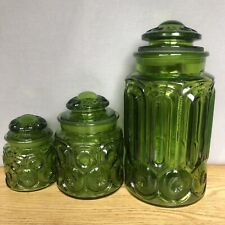 Vtg 3 PC Green Moon And Stars Canister Set LE Smith Glass - 11”, 7” & 5” - Nice picture