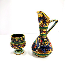 Gioielleria Vintage Italian JUG Cup Handplanted Gold Decorated Byzantine Green picture