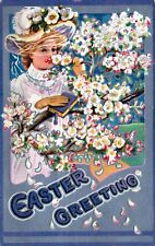 Easter Greetings & Wishes Embossed Girl & Flowers Postcard Posted in 1909 picture