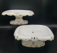 S/2 19th Century French White & Gold Porcelain Compotes w/ Family Crest picture