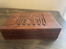WOOD TEA BOX WITH HAND CARVED TAJ MAHAL DESIGN 4 COMPARTMENTS W/SPOON  picture