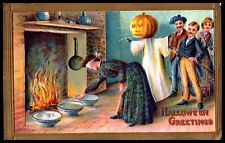 Halloween Postcard Blindfolded Woman JOL Pumpkin Ghost Holiday Games picture