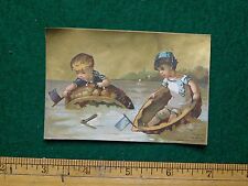 1870s-80s Kids Giant Wallnut Shells Boating Down River Victorian Trade Card F17 picture