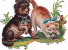 18100s Victorian Die Cut Scrap -Terrier Dog Cat Ball 2.75 in picture