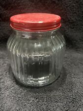 Vintage Clear Glass Ribbed Jar With Red Tin Lid picture