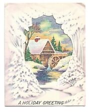 Vtg Christmas Card Scenic Cut Out Homesite Stream Water Wheel Sunny Sky 1940's ? picture