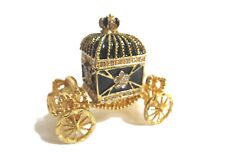 Bejeweled Royal Carriage Black Hinged Metal Enameled Rhinestone Trinket Box picture