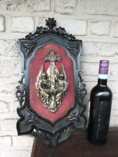 Antique Napoleon III 19thc Wall plaque holy water font wood metal angel crucifix picture
