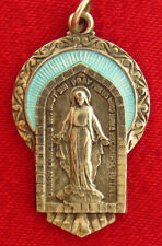 Vintage Sterling MARY Medal MIRACULOUS Blue Enamel Religious Catholic Pendant picture