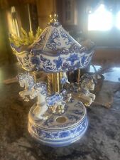 Vintage San Francisco Music Box Company Musical Carousel ~ Blue and White  picture
