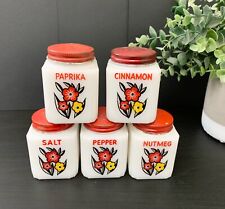 Vintage 1950’s McKee Tipp City Milk Glass Red Yellow Flower Spice Jars picture