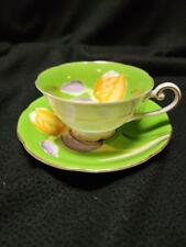 Vintage Trimont Made in Occupied Japan China Tea Cup/Saucer Green W/Flowers picture