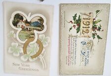 2 Antique 1910-12 New Year Postcard Holly Clover Lithograph Meeker USA Germany picture