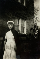 Pretty Women In Nurse Uniform Standing By House B&W Photograph 2.5 x 3.5 picture