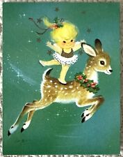 Unused Christmas Girl Deer Ride Vtg Greeting Card 1950s 1960s Marjorie Cooper picture