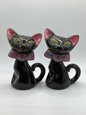 VTG Hand Painted Black Cat Terracotta Kitty Salt & Pepper Shakers picture