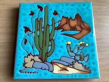 Vintage Cleo Teissedre Ceramic Tile Trivet Cactus Southwestern Landscape Signed picture