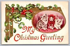My Christmas Greeting w/Cats & Holly Embossed Antique Postcard Early 1900’s—Nice picture