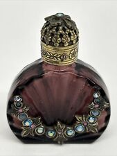 Vintage Czech Mini Empty Bottle 2-1/4” Tall Purple Glass Metal And Rhinestone T2 picture