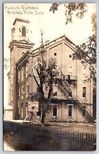 Rising Sun School w/Makeshift B-Ball Hoop~Fire Escapes~Wrought Iron Fence RPPC picture