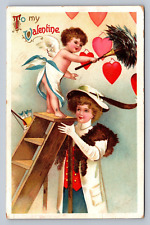 Postcard Valentine To My Love Victorian Lady Cupid Ladder U/S Clapsaddle  E642 picture