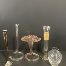 Lot of 5 Vintage Bud Vases Trumpet - Hand Blown glass flute  art deco picture