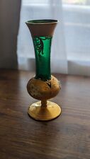 Vtg Murano Green Gold Tre Fuochi Glass Footed Bud Vase Venetian Painted Flowers picture