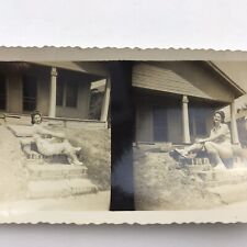 Vintage Sepia Photo Double Image Woman Sitting On Steps Sidewalk House Yard picture