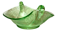 Fenton Dugan Double Swan Oval Candy Dish Bowl Green Uranium Glass UV Glows picture