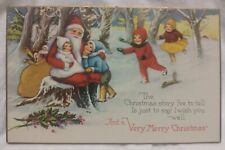 Postcard Red Suit Santa With Children Sack Of Toys Forest Gold Edge Usa picture