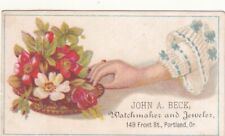 John A Beck Watchmaker Jeweler Portland Oregon Hand Basket Flowers Card c1880s picture