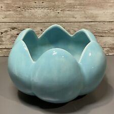 Ceramic Lotus Scalloped Planter Ice Blue Flower Pot Vintage MCM Pottery picture
